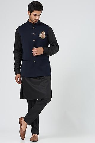 dark blue embroidered nehru jacket