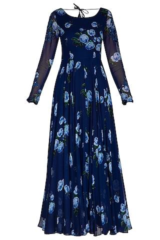 dark blue embroidered printed anarkali set