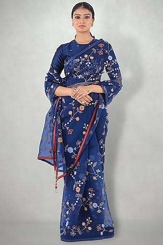 dark blue embroidered saree set