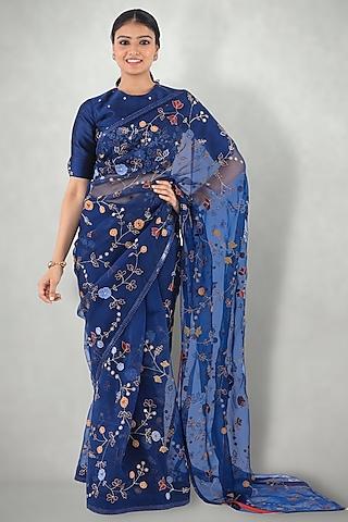 dark blue embroidered saree with petticoat