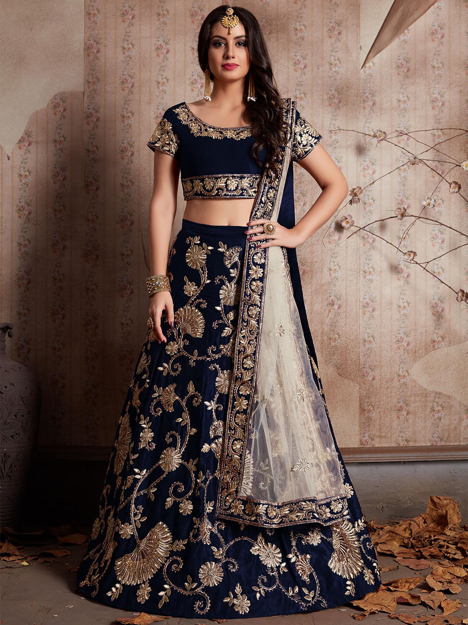 dark blue embroidered semi stitched lehenga with unstitched blouse (set of 3)