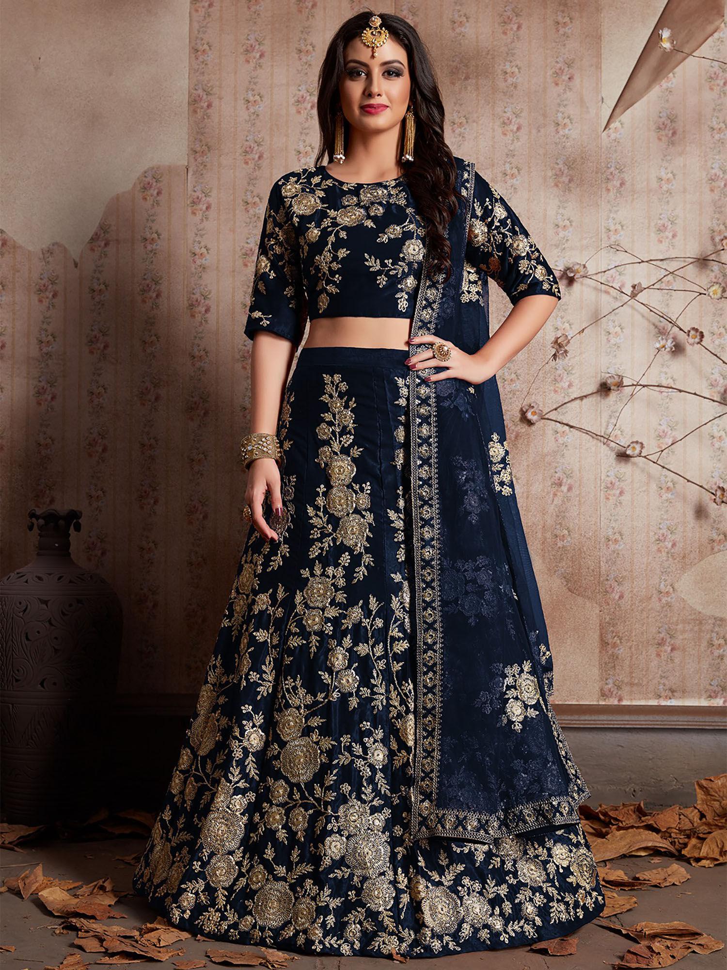 dark blue embroidered semi stitched lehenga with unstitched blouse (set of 3)