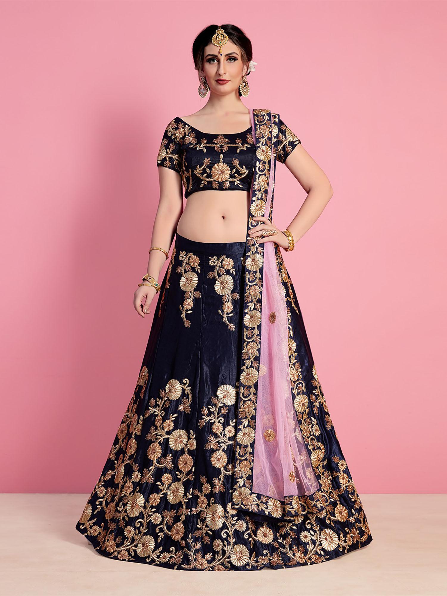 dark blue embroidered velvet silk semi stitched lehenga with unstitched blouse (set of 3)