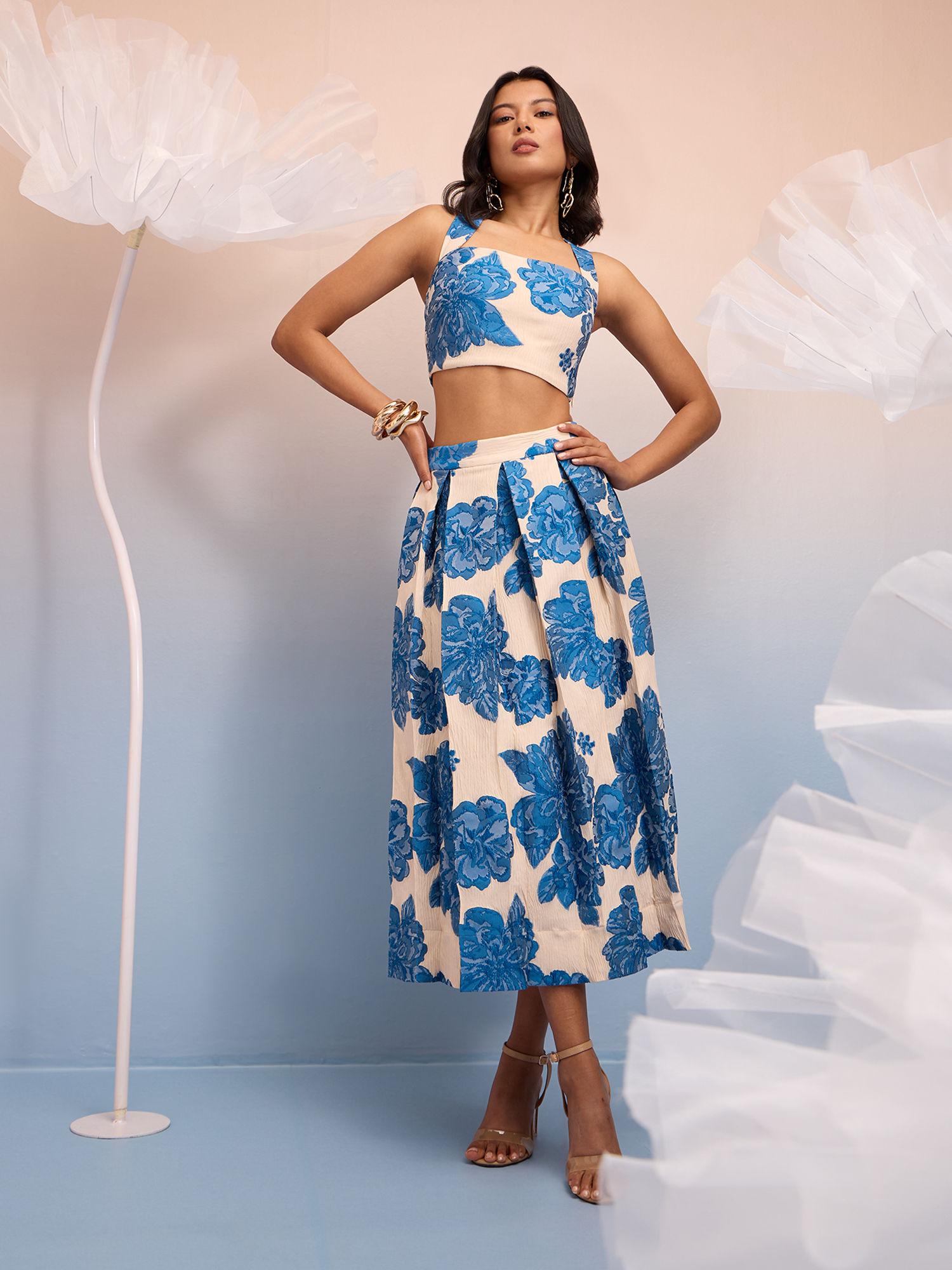 dark blue floral crop top pleated midi skirt co ord (set of 2)