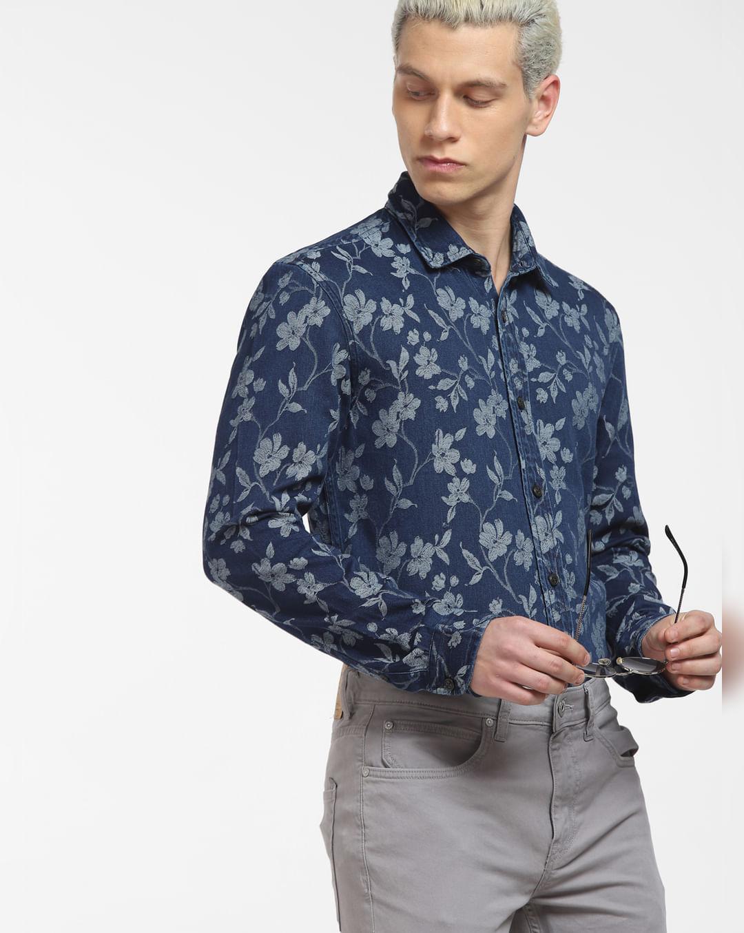 dark blue floral denim shirt