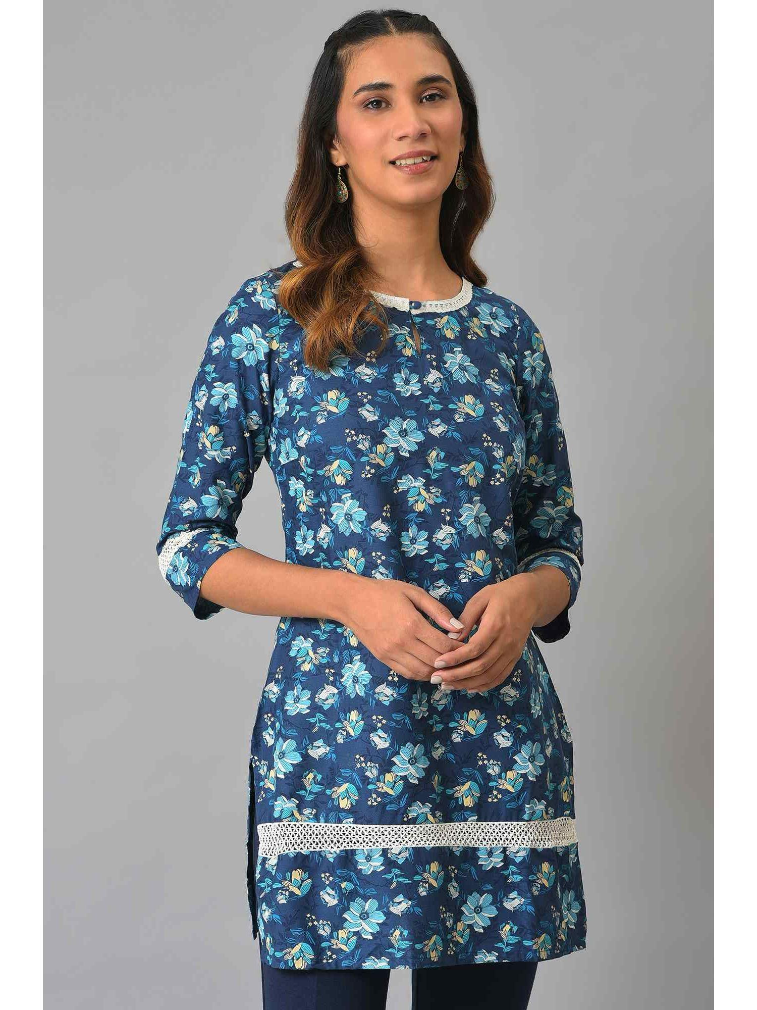 dark blue floral printed short kurti