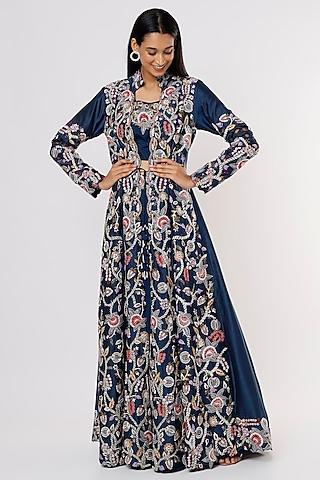 dark blue georgette jacket lehenga set