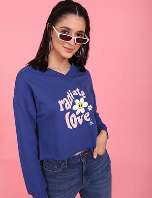 dark blue graphic print cropped sweatshirt