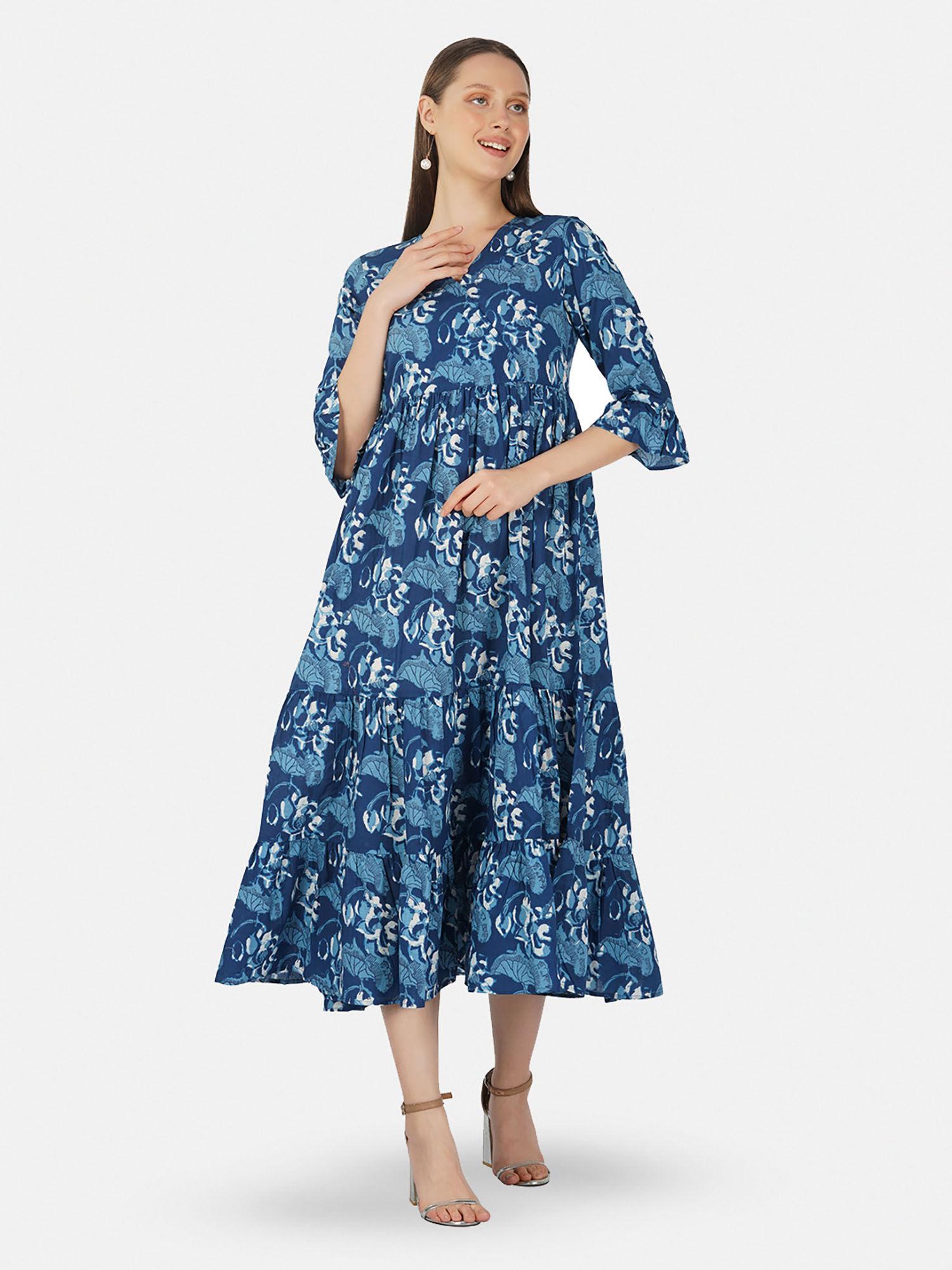 dark blue hand block printed v-neck printed tired dress with gather