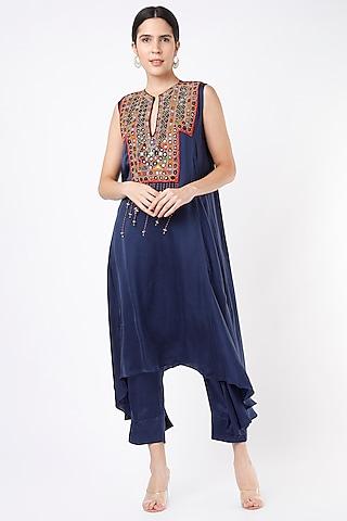 dark blue hand embroidered asymmetrical kurta set