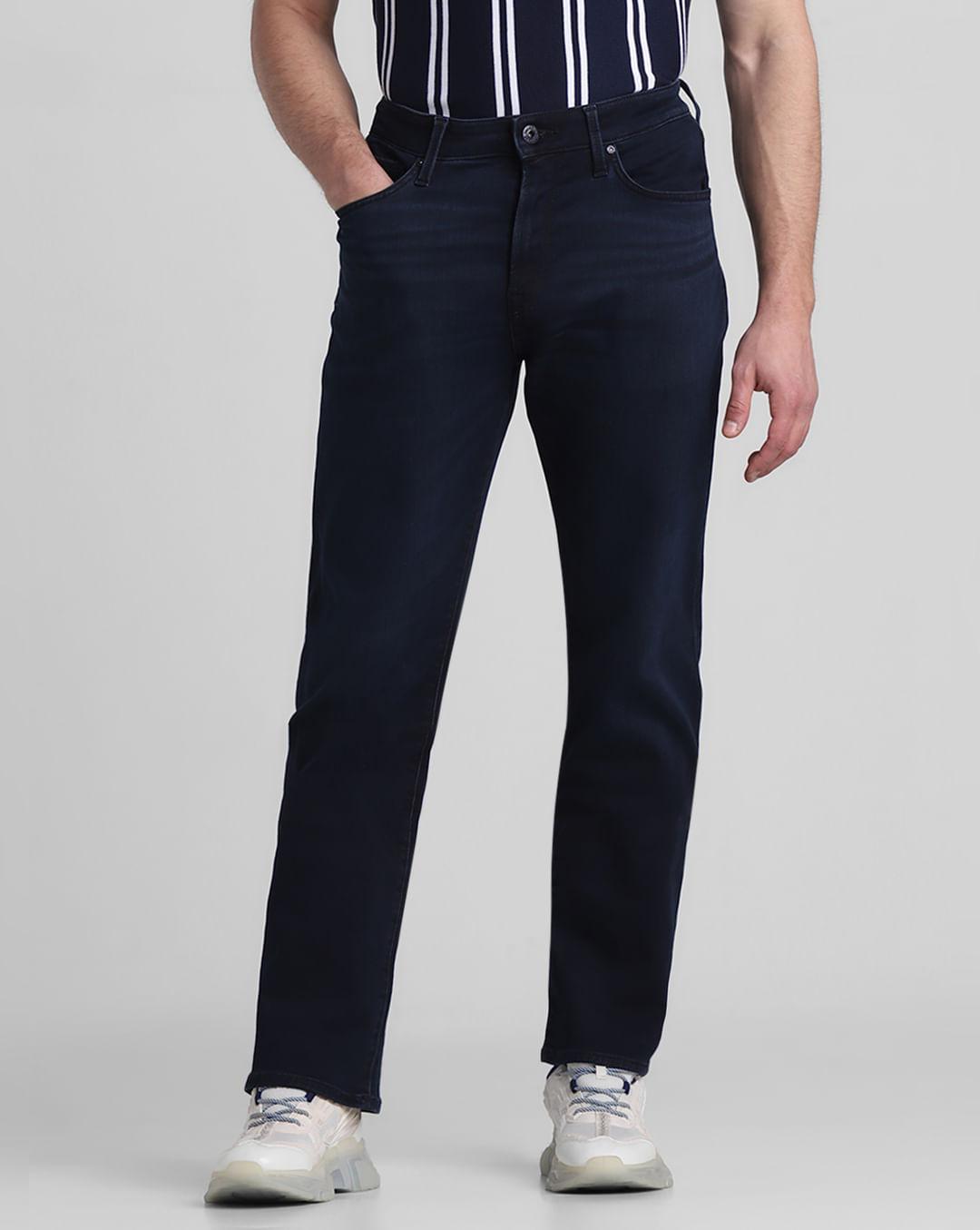 dark blue high rise bootcut fit jeans