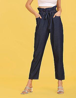 dark blue high rise boyfriend fit rinsed jeans