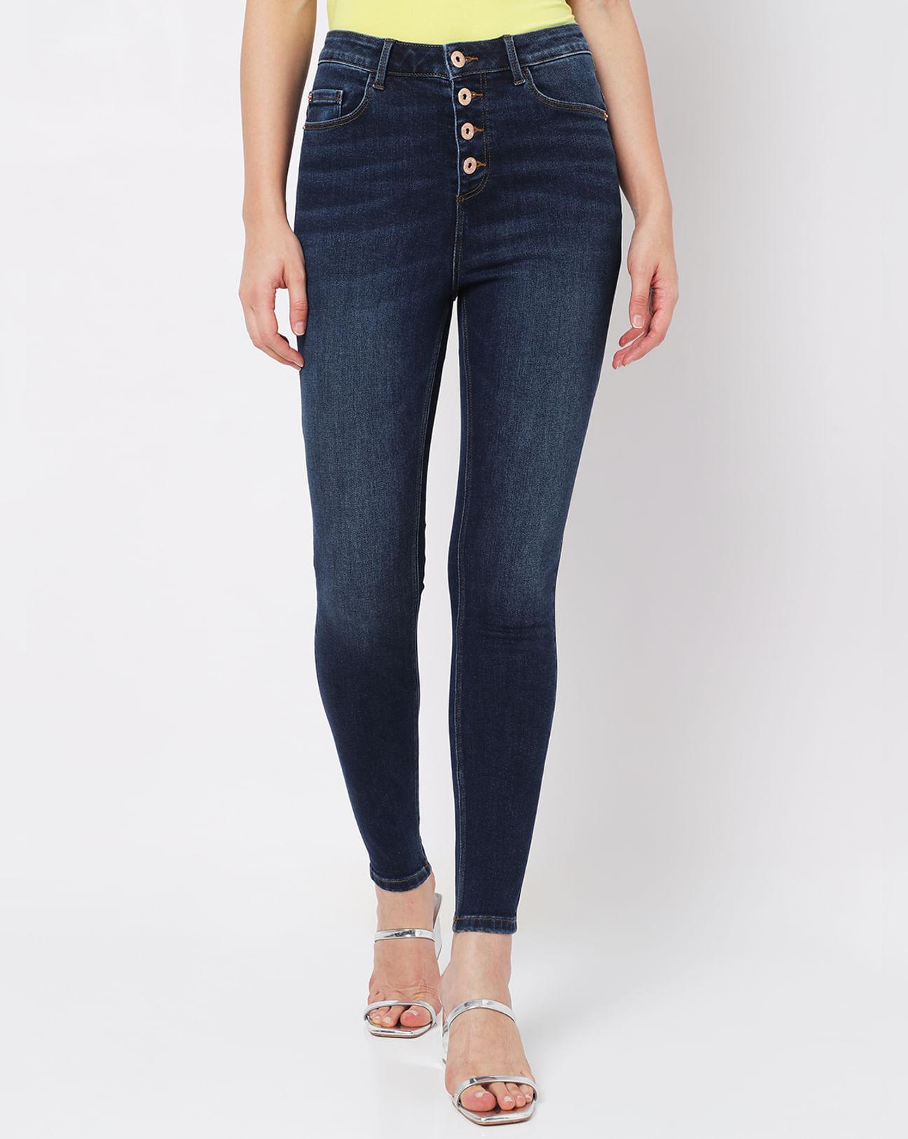 dark blue high rise buttoned skinny jeans