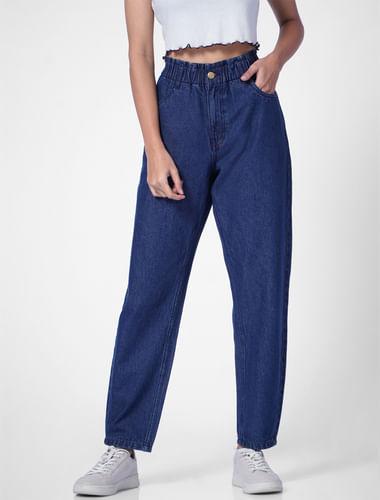 dark blue high rise paperbag waist carrot jeans