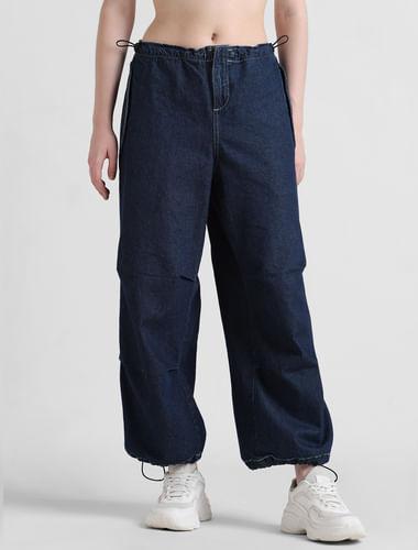 dark blue high rise parachute denim joggers