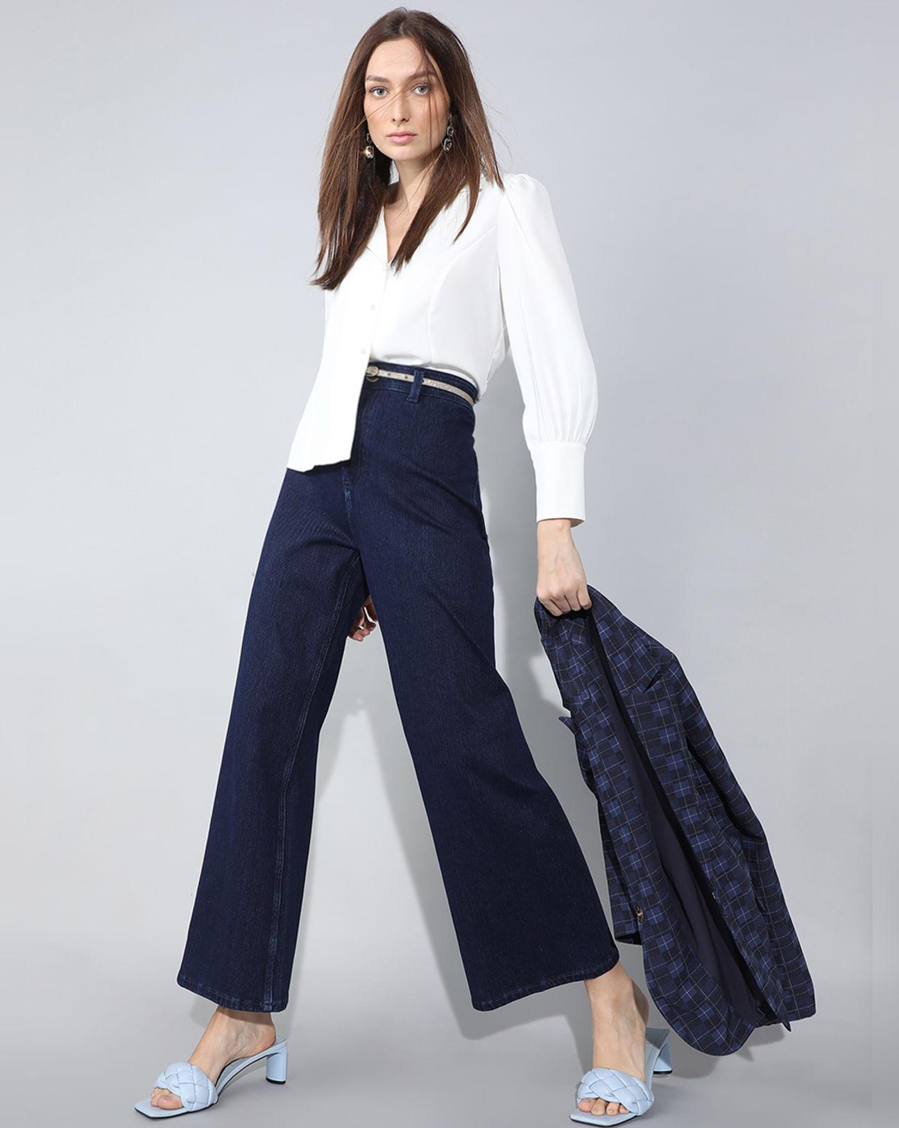 dark blue high rise wide leg jeans