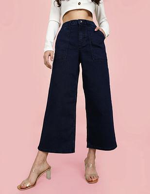 dark blue high rise wide leg rinsed culotte jeans