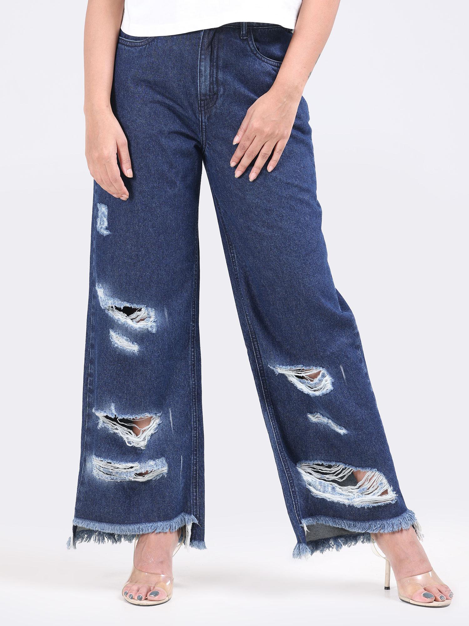 dark blue high waist wide leg distress jeans