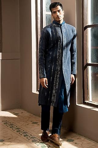 dark blue interwoven sherwani