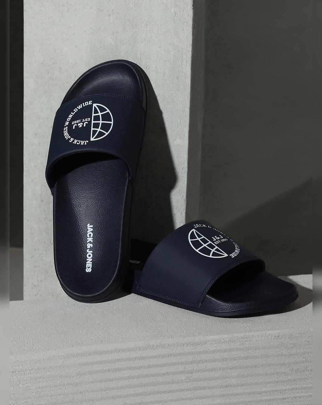 dark blue logo print sliders