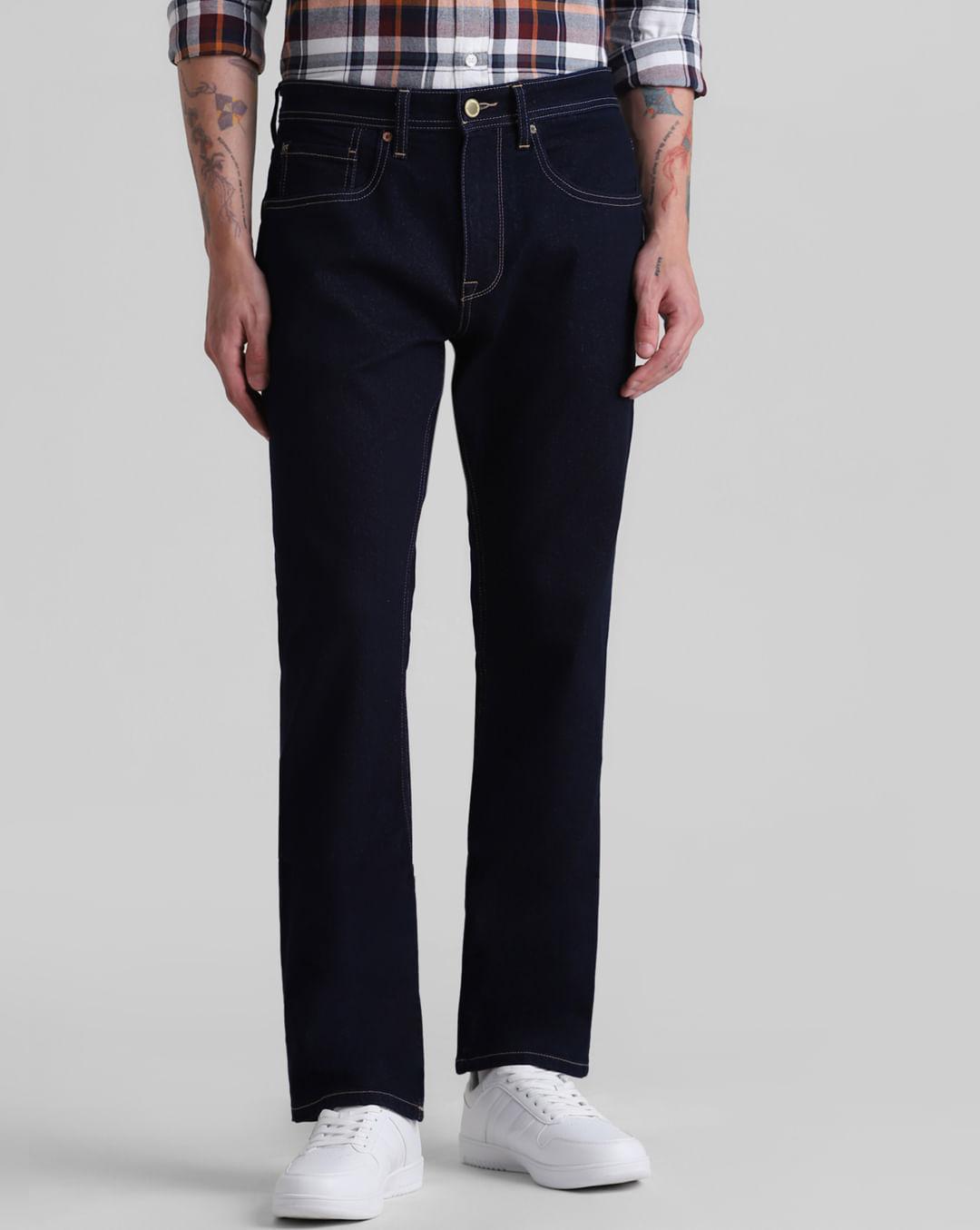 dark blue low rise bootcut jeans