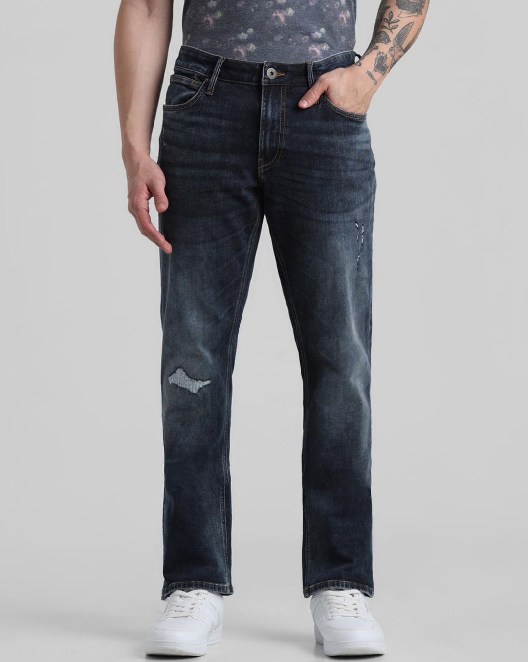 dark blue low rise distressed regular fit jeans