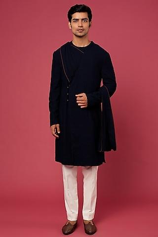 dark blue matka silk kurta set