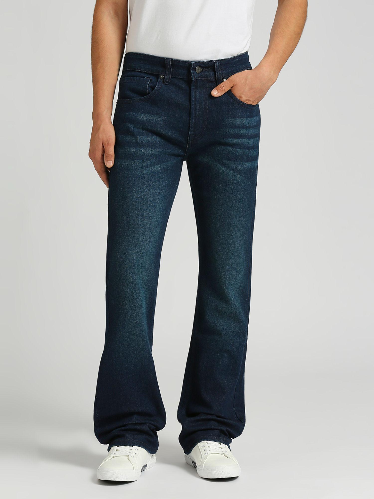 dark blue mid rise bootcut jeans