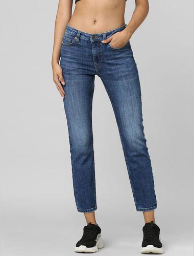 dark blue mid rise cropped straight fit jeans