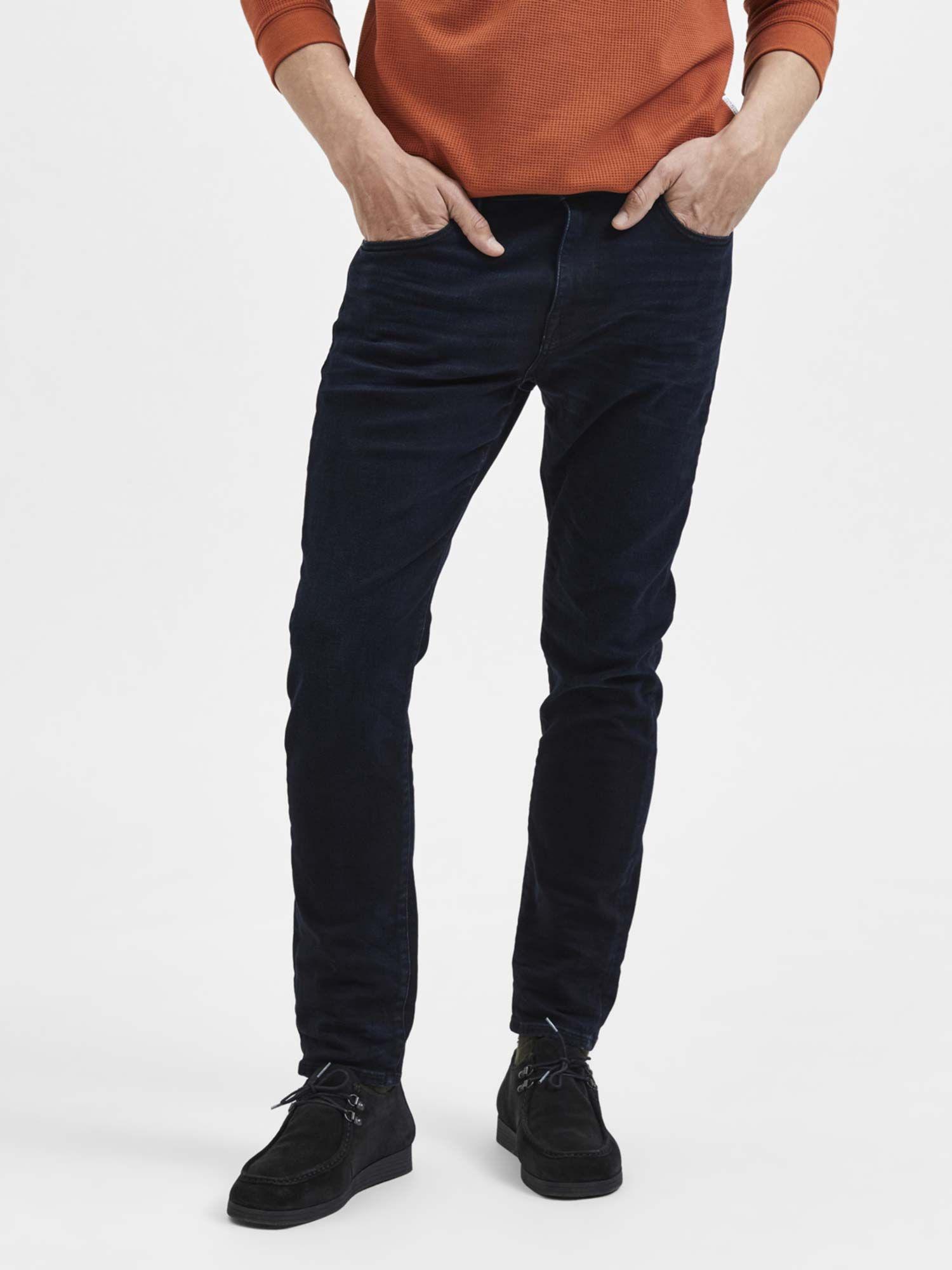 dark blue mid rise leon slim fit jeans