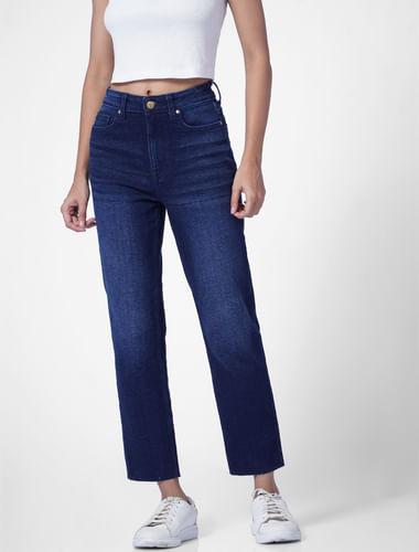 dark blue mid rise raw-edge straight fit jeans