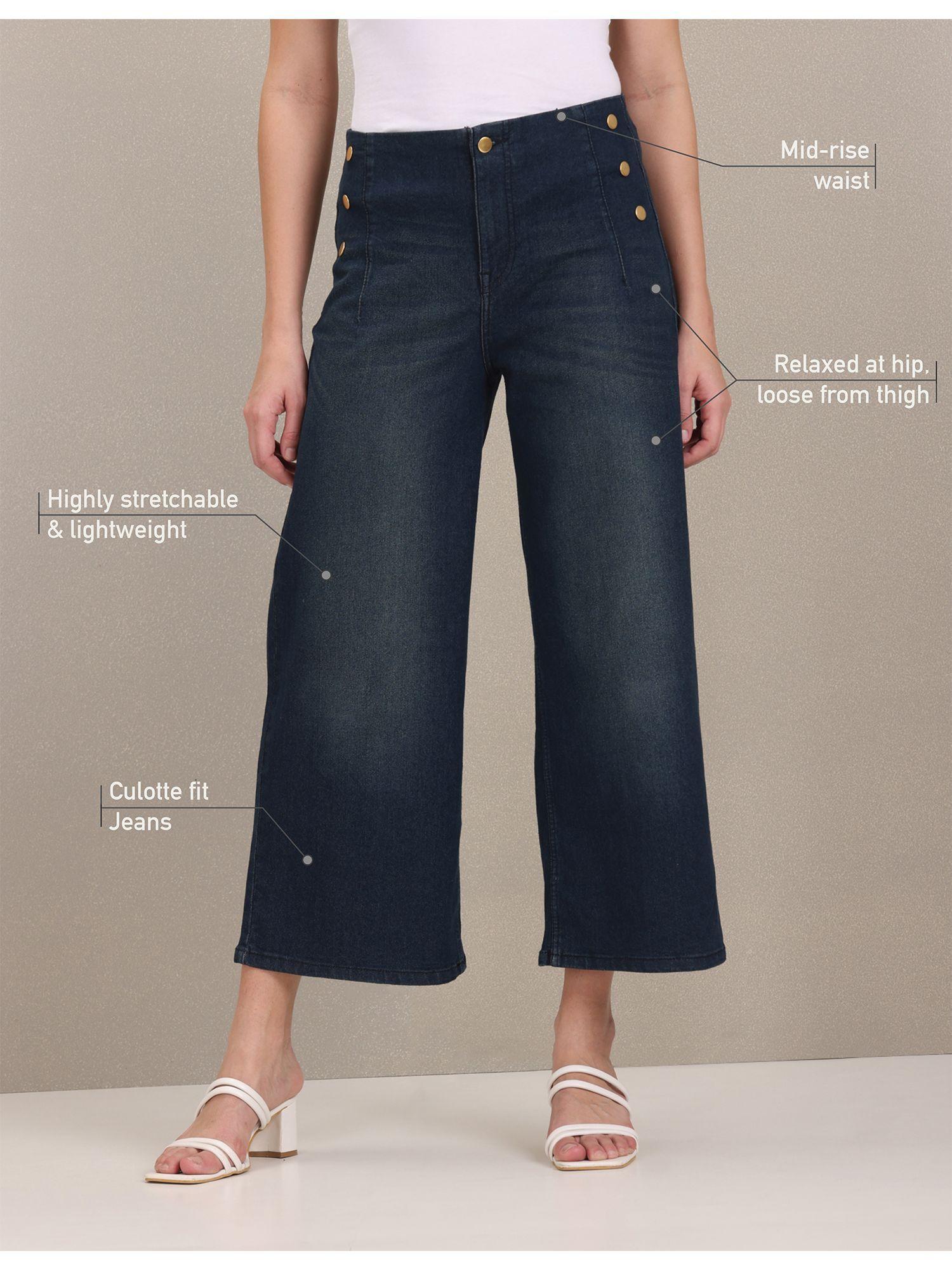 dark blue mid rise rinsed culotte jeans