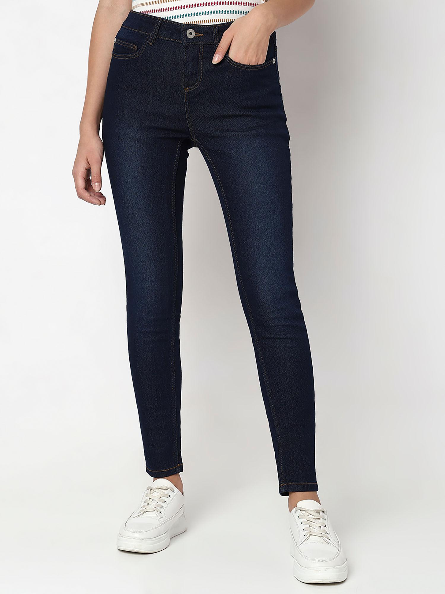 dark blue mid rise skinny fit jeans