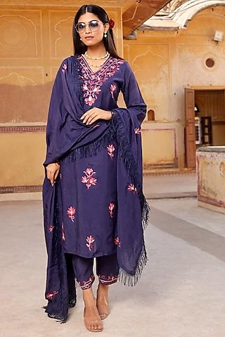 dark blue muslin aari embroidered kurta set