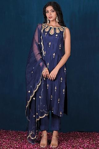 dark blue opada silk hand embroidered kurta set