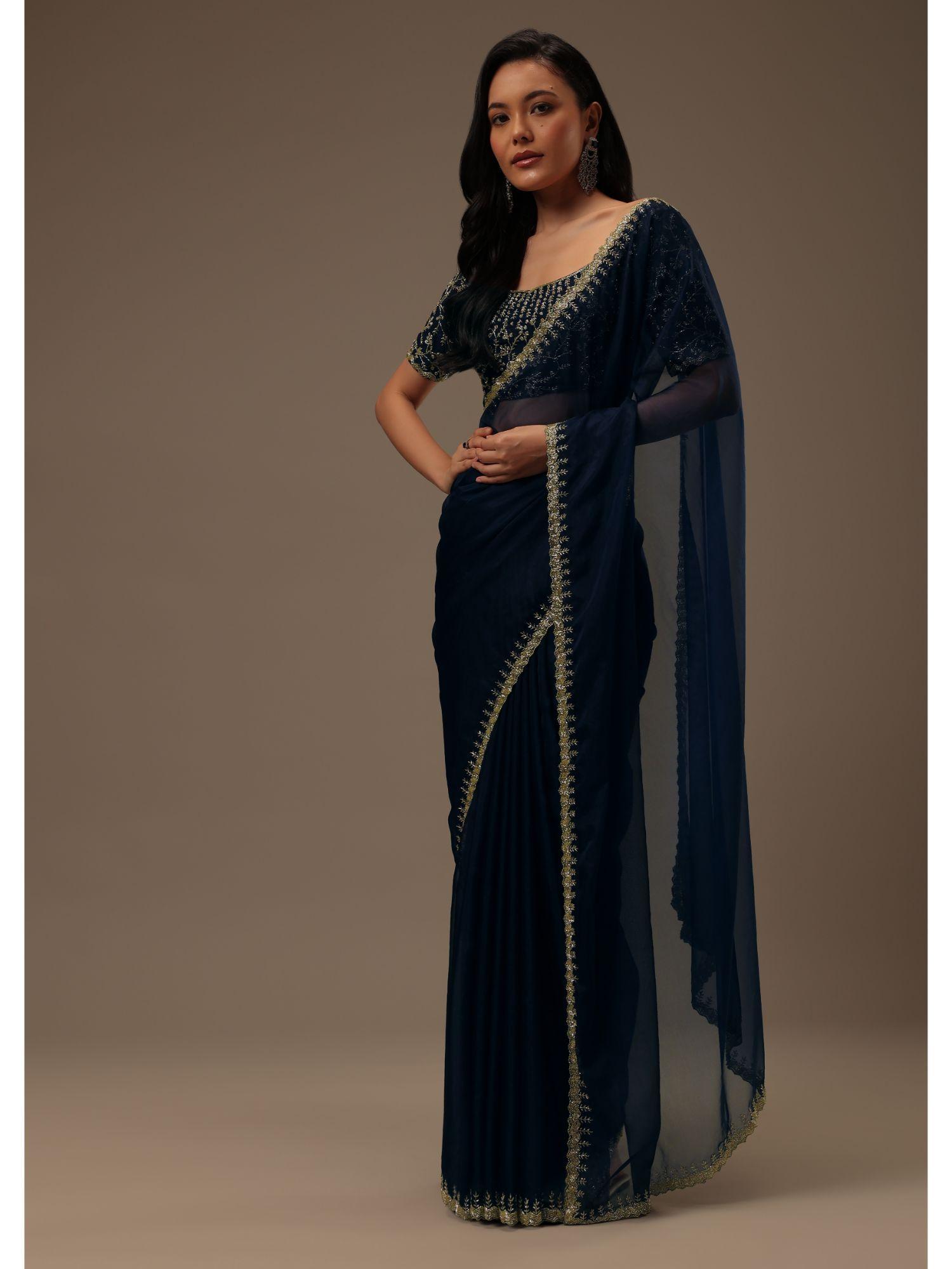 dark blue plain organza saree with unstitched blouse