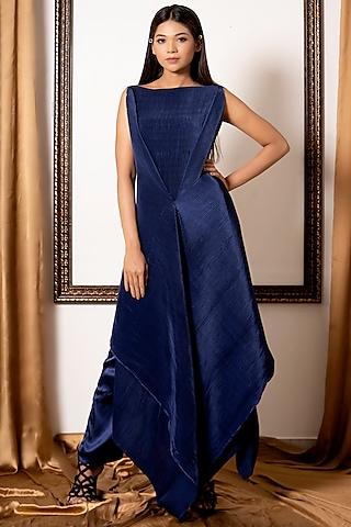 dark blue pleated satin tunic set