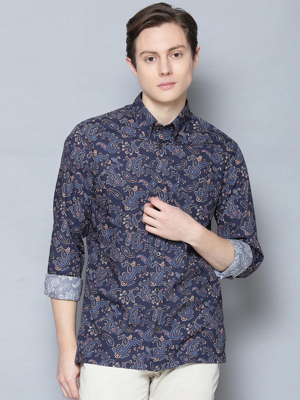 dark blue printed button down shirt