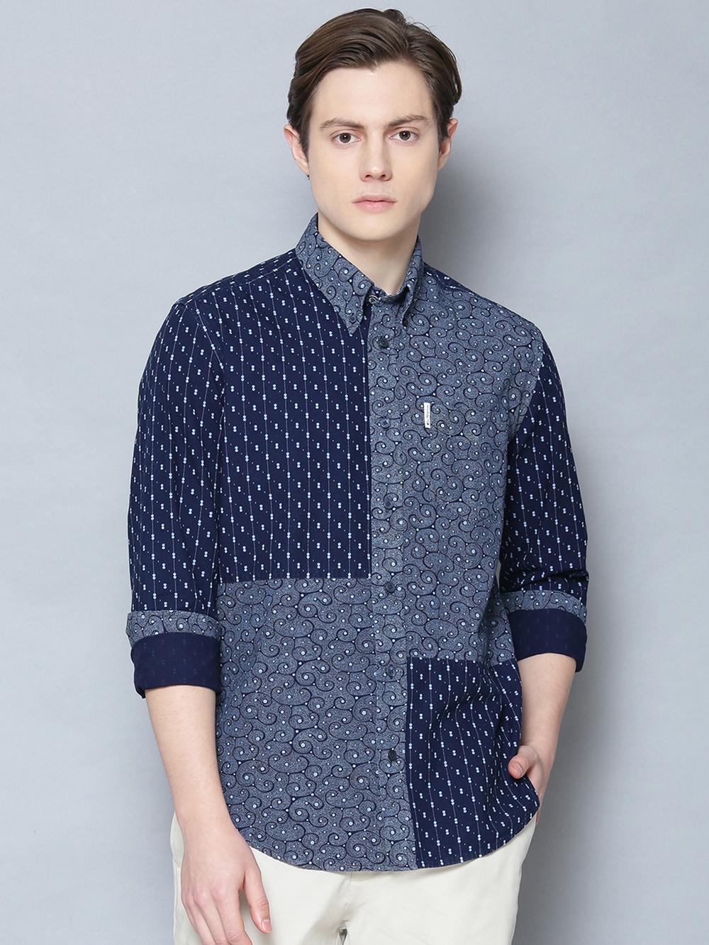 dark blue printed button down shirt