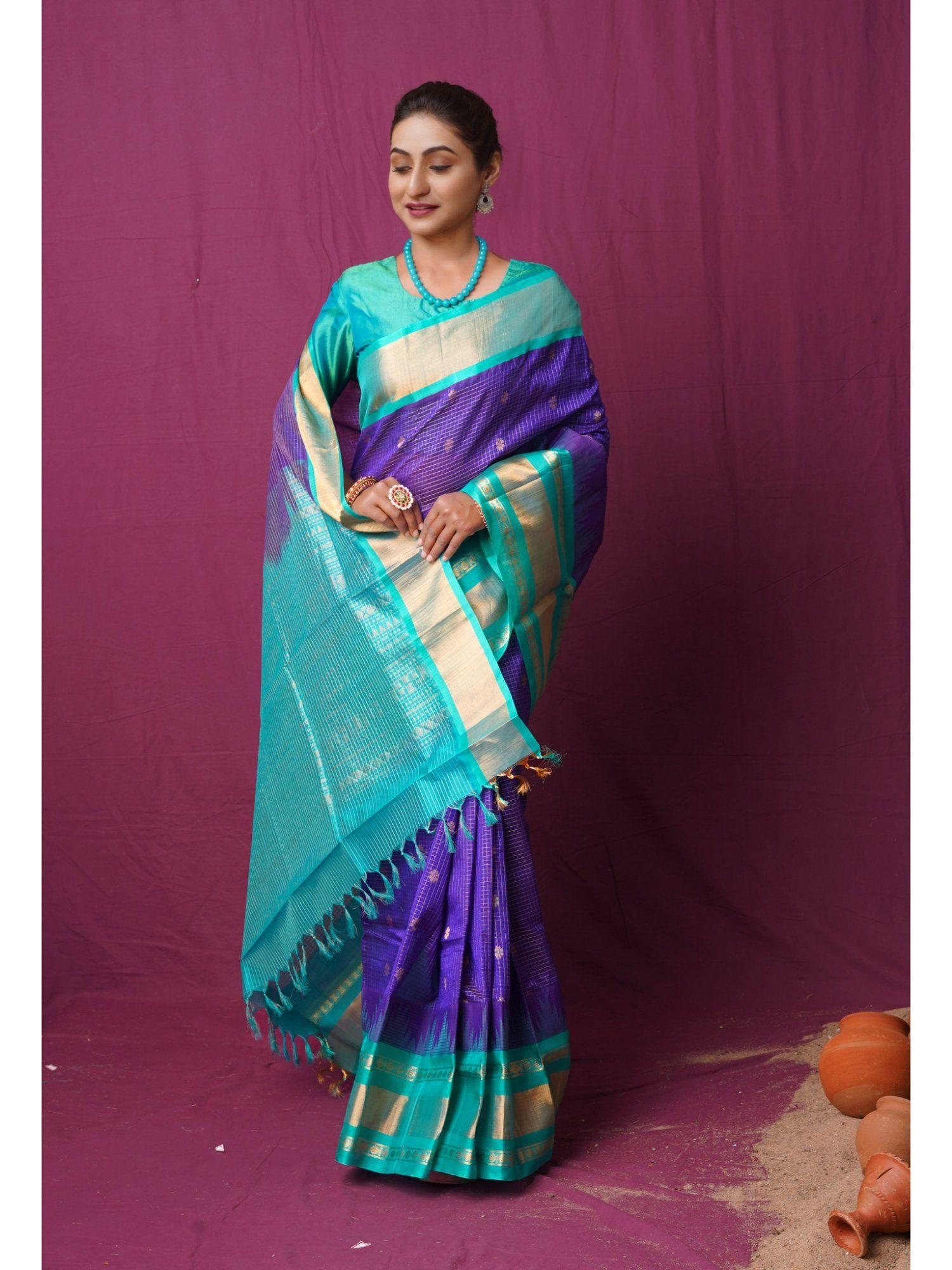 dark blue pure handloom assam sico saree with unstitched blouse