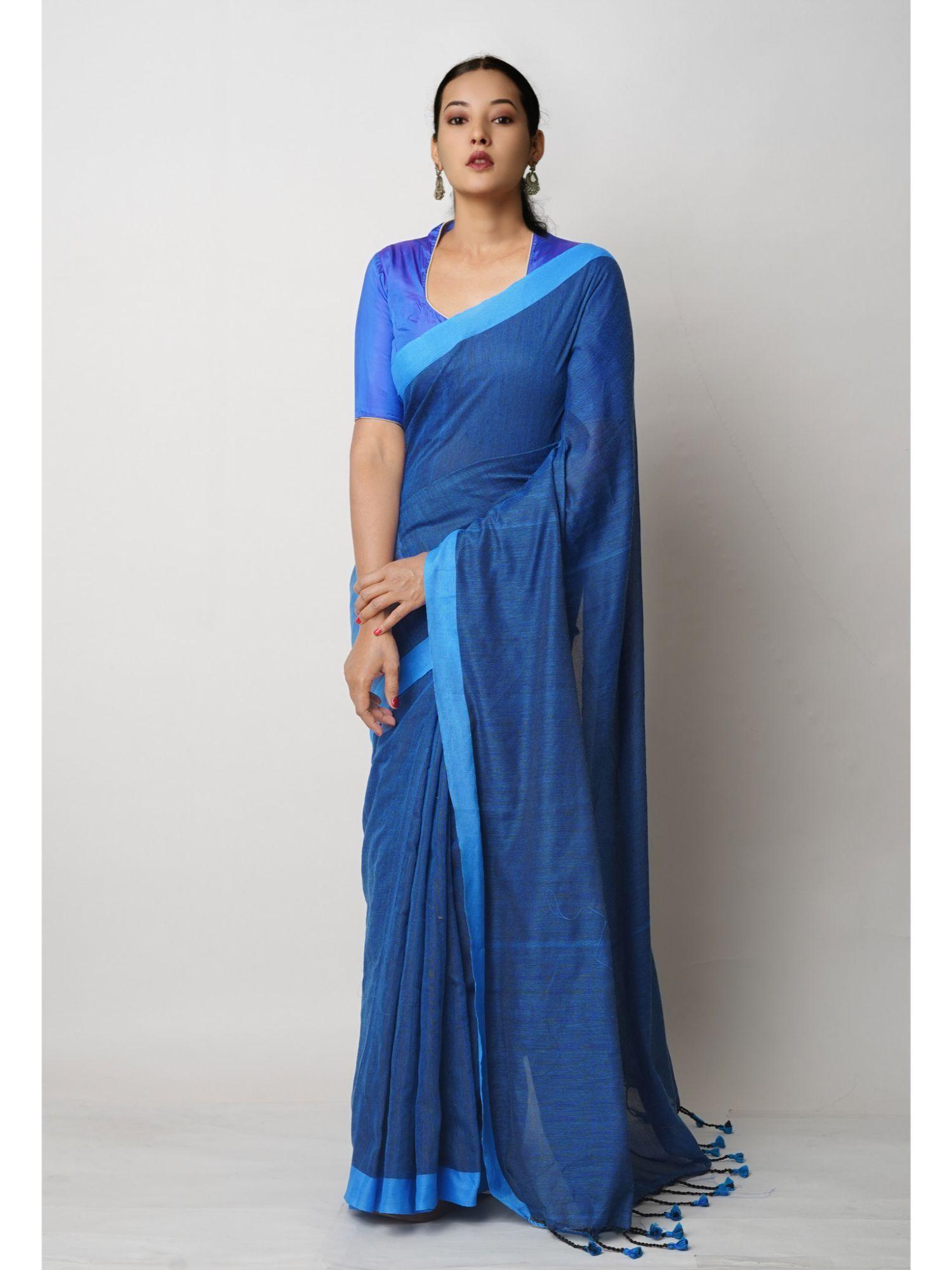 dark blue pure plain cotton linen saree unm75040 with unstitched blouse