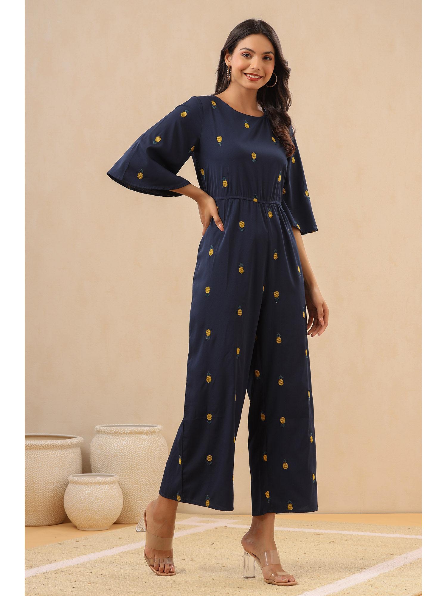 dark blue quirky printed poly crepe jumpsuit with thread work embroidery