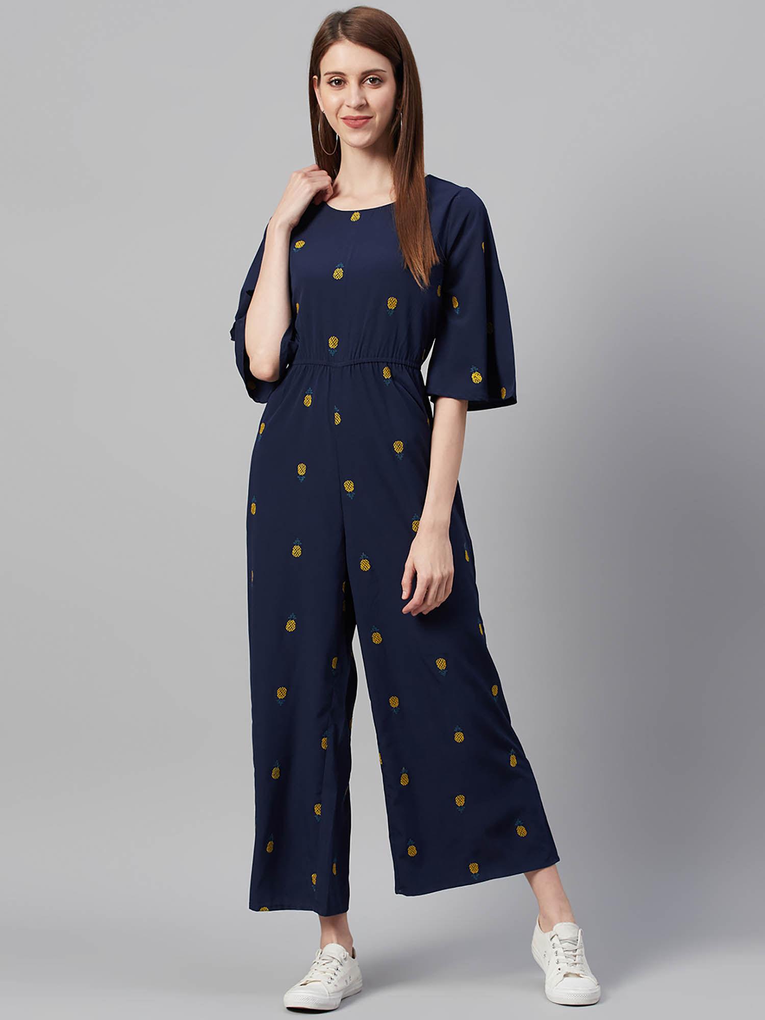 dark blue quirky printed poly crepe jumpsuit with thread work embroidery