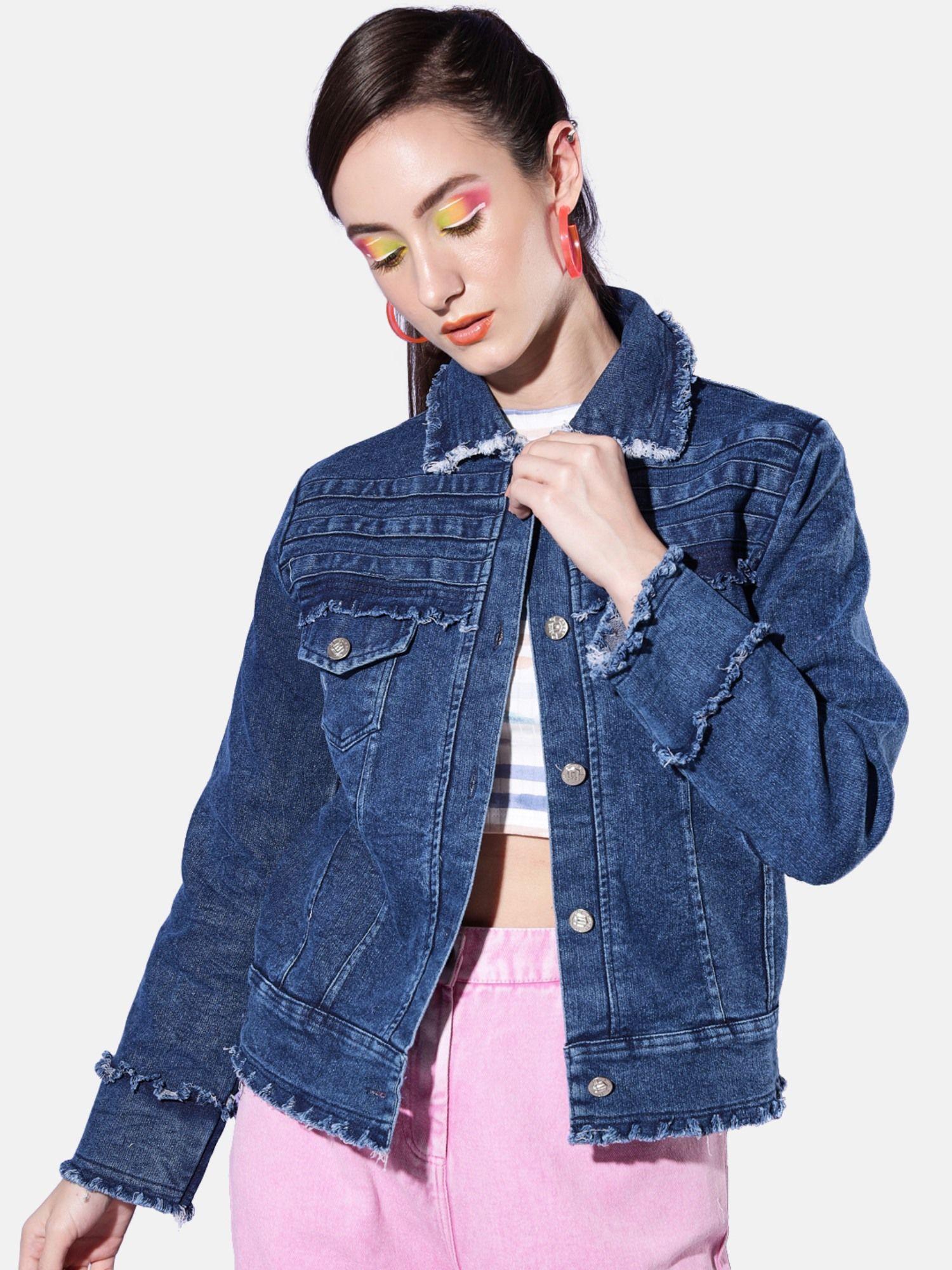 dark blue raw edge women denim jacket