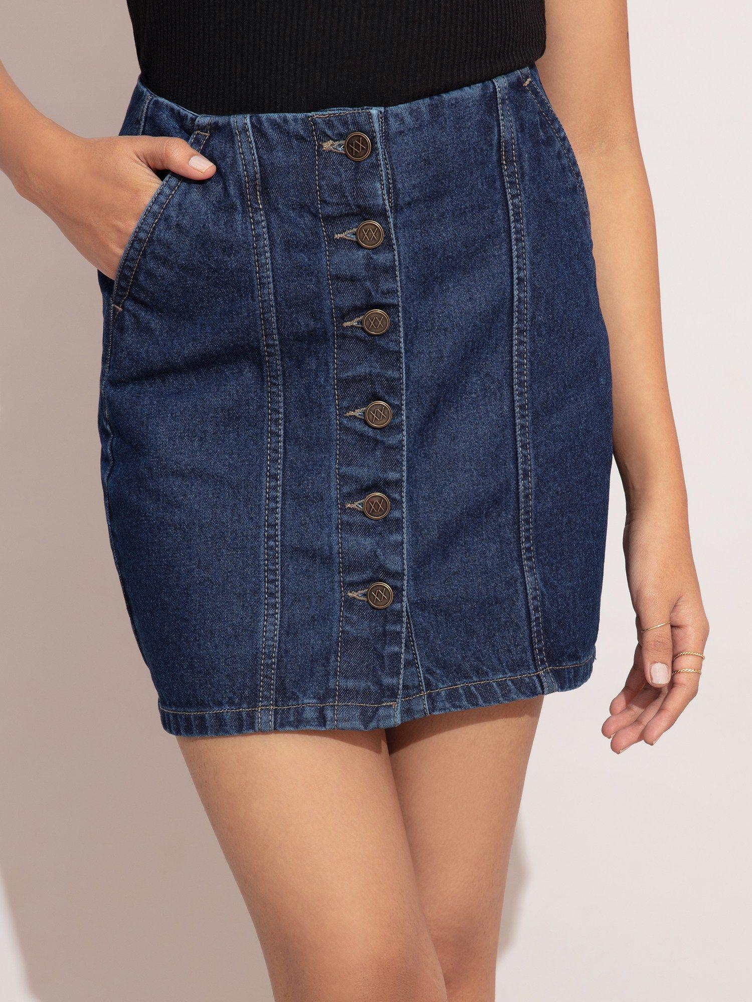 dark blue short denim skirt