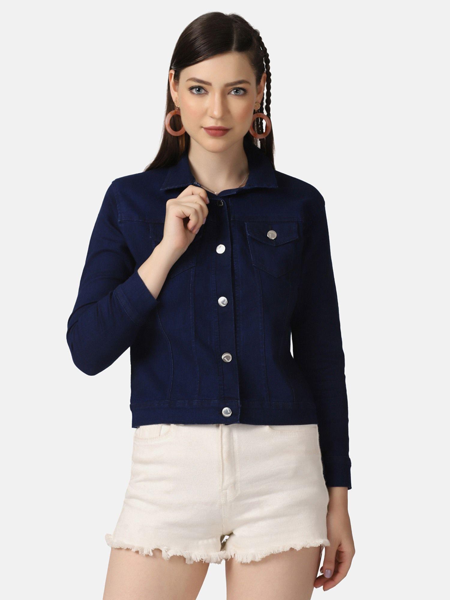 dark blue solid regular women denim jacket