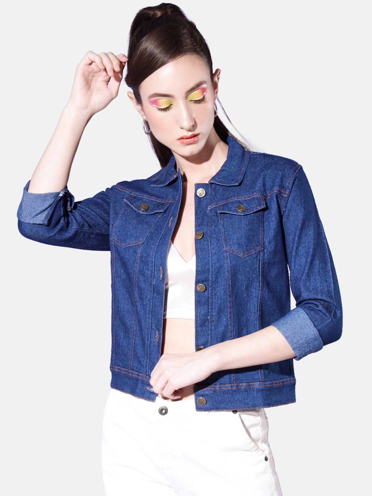 dark blue solid women denim jacket