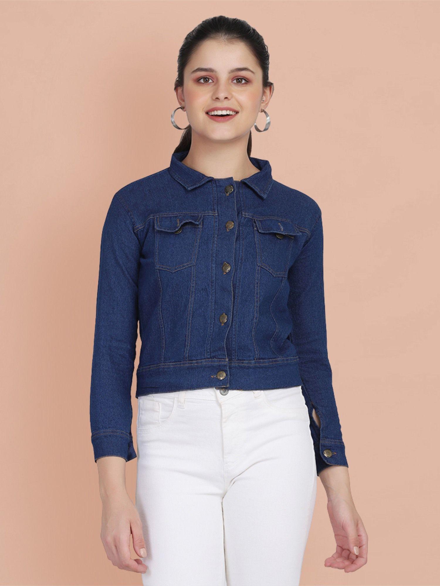 dark blue solid women regular denim jacket