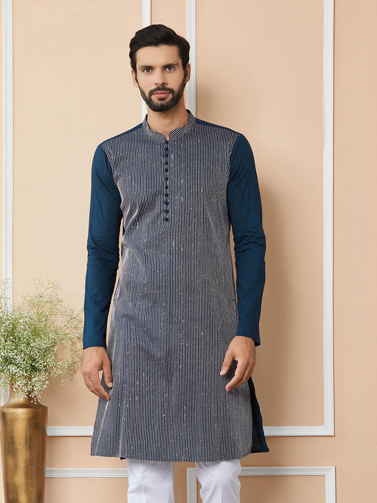 dark blue thread & sequin worked cotton kurta