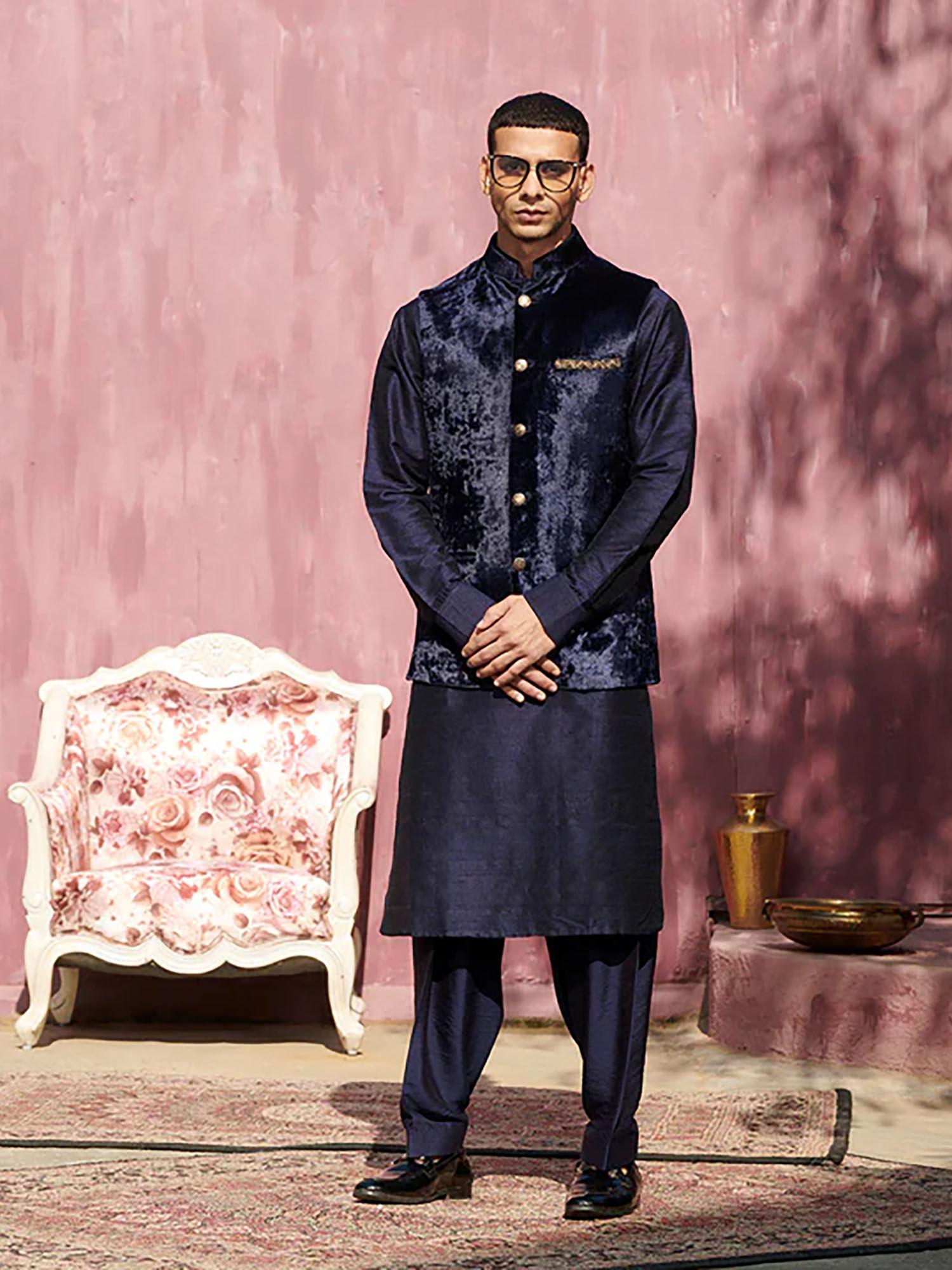 dark blue velvet stitched nehru jacket